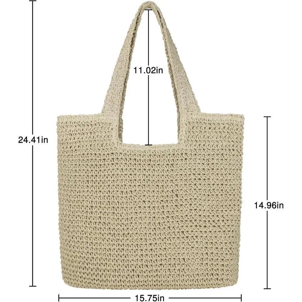 Women's A Beige Large Straw Beach Bag Handmade Woven Shoulder Hobo Tote Handbag - Picture 4 of 6